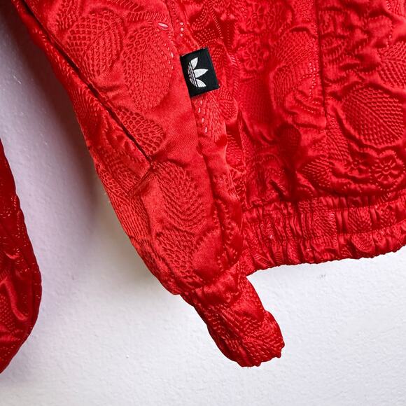 Adidas Tracktop Jacket Womens XS Red Floral Jacquard Trefoil Snap Up AY6733 NWOT - Picture 6 of 11